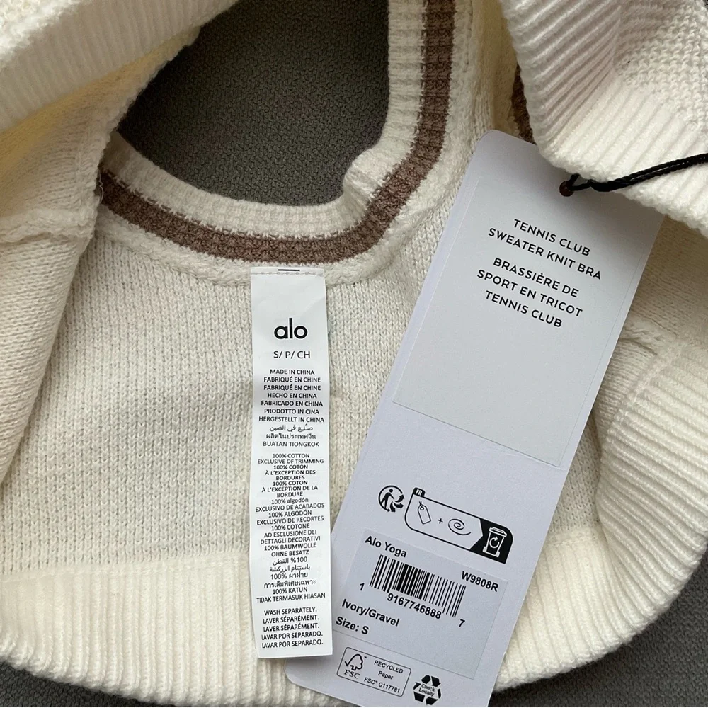 Alo Yoga Tennis Club Sweater Knit Bra Ivory/Gravel S